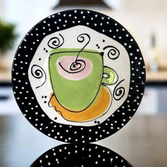 With Love Joanne Black Polka Dot Plate With Green Coffee Cup Colorful Deco 8" - Picture 1 of 4